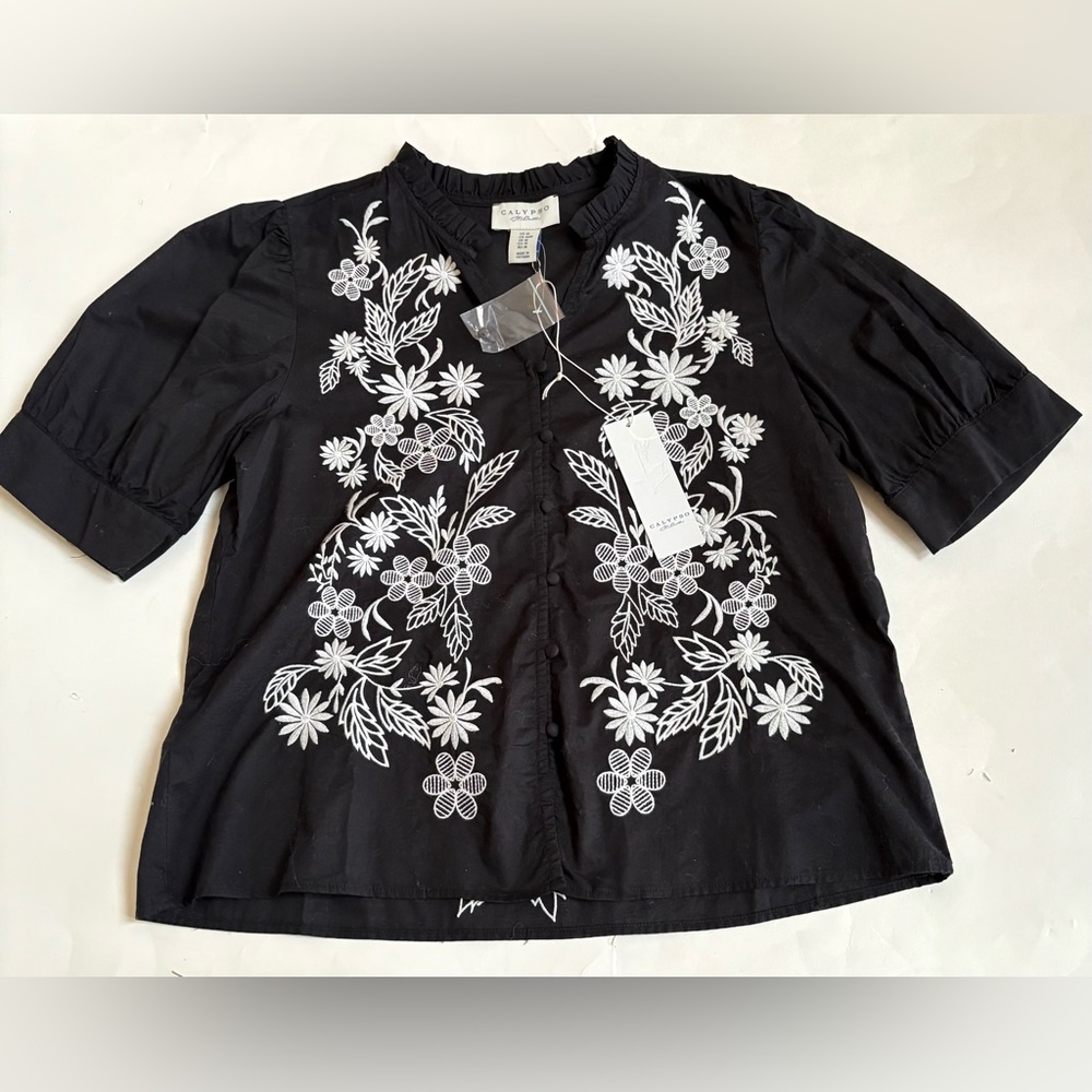 Calypso St. Barth Black Blouse with White Floral Embroidery